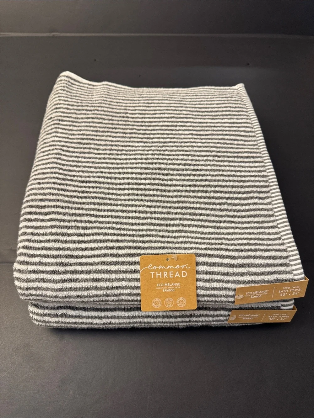 2pc COMMON THREAD Eco-Melange Bamboo Zero Twist Bath Towel Set -MINISTRIPE
